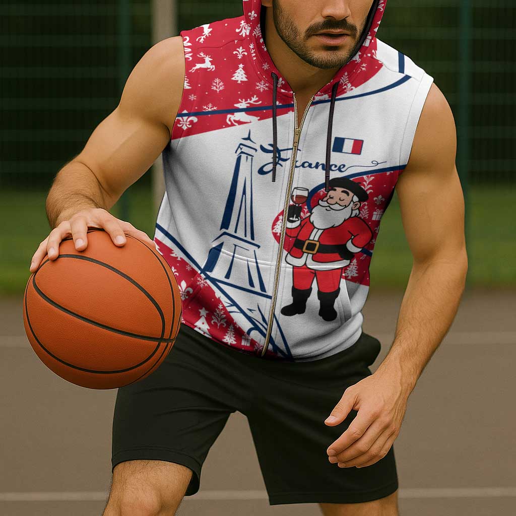 France Christmas Sleeveless Zip Hoodie with Santa Wine Glass Eiffel Tower and Holiday Icons Design - Wonder Print Shop