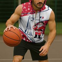 France Christmas Sleeveless Zip Hoodie with Santa Wine Glass Eiffel Tower and Holiday Icons Design - Wonder Print Shop