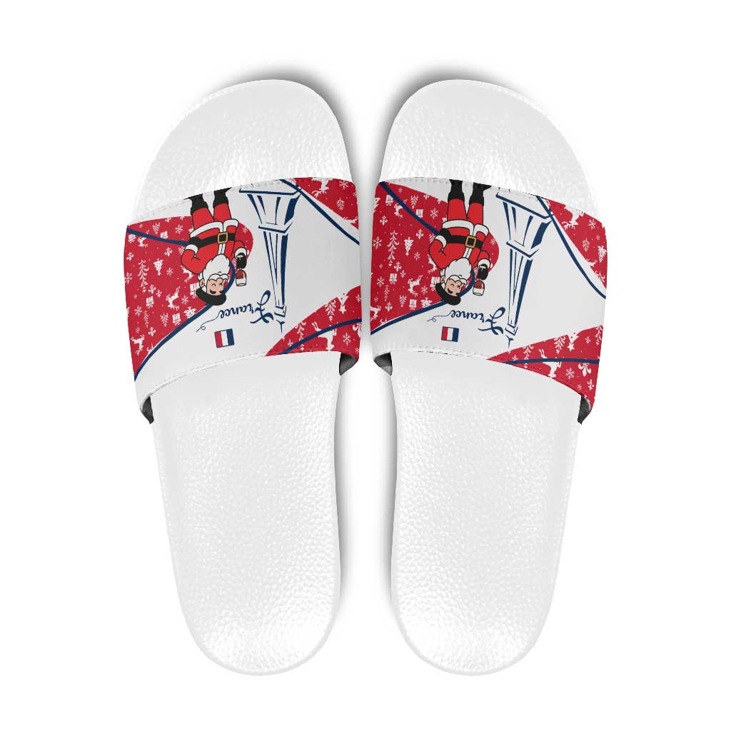 France Christmas Slide Sandals with Santa Wine Glass Eiffel Tower and Holiday Icons Design - Wonder Print Shop