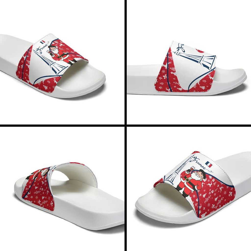 France Christmas Slide Sandals with Santa Wine Glass Eiffel Tower and Holiday Icons Design - Wonder Print Shop