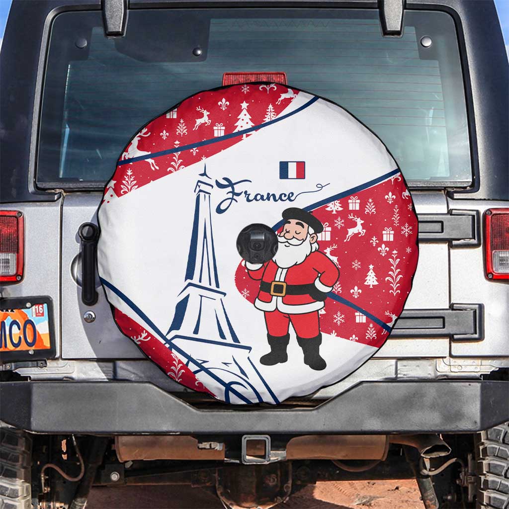France Christmas Spare Tire Cover with Santa Wine Glass Eiffel Tower and Holiday Icons Design - Wonder Print Shop