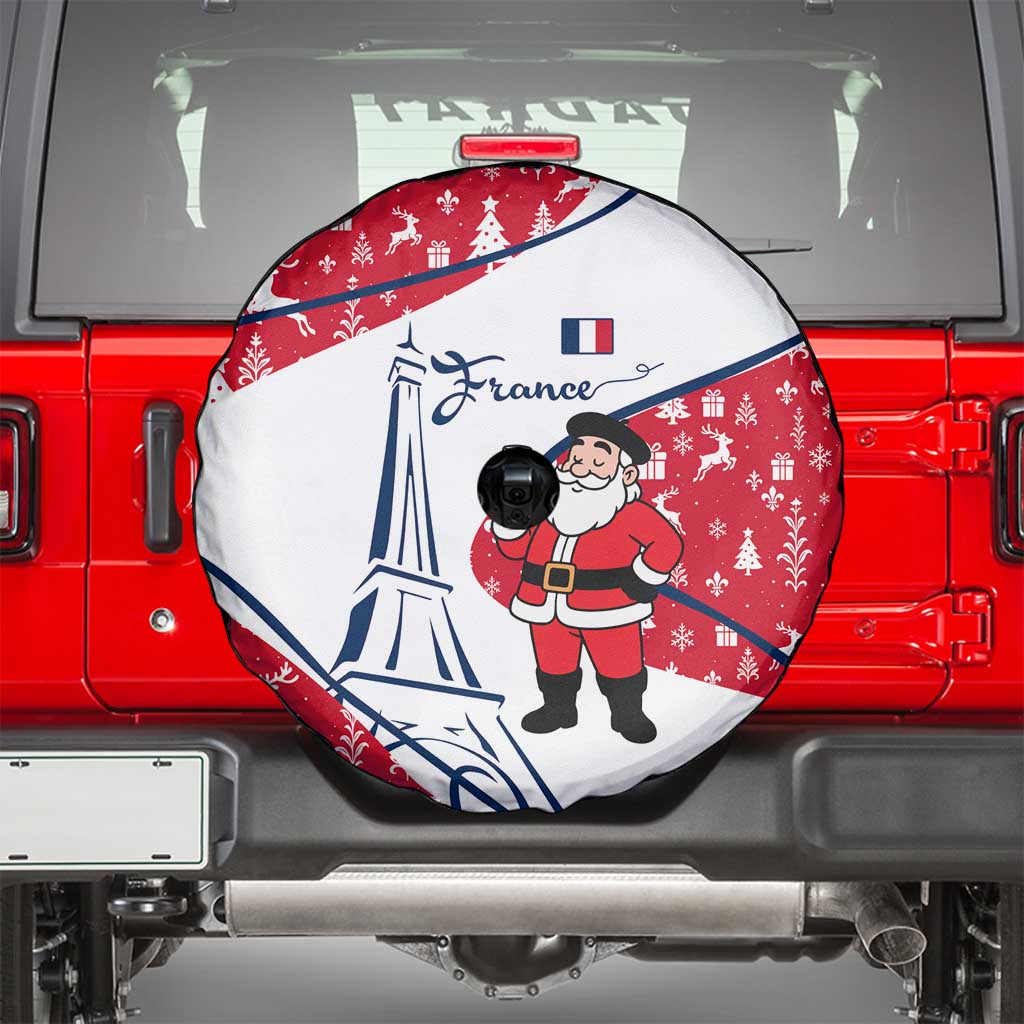 France Christmas Spare Tire Cover with Santa Wine Glass Eiffel Tower and Holiday Icons Design - Wonder Print Shop