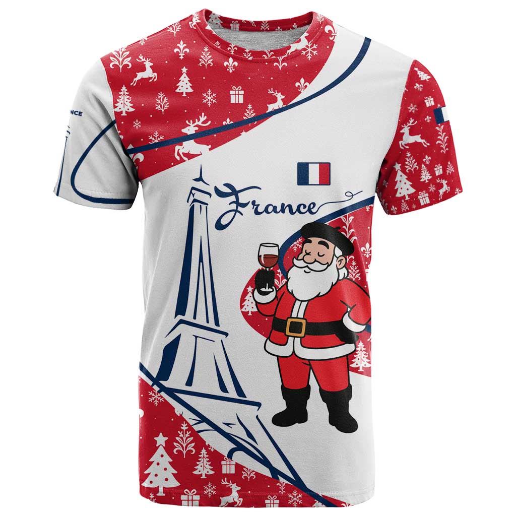 France Christmas T Shirt with Santa Wine Glass Eiffel Tower and Holiday Icons Design - Wonder Print Shop