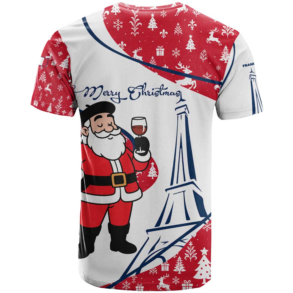 France Christmas T Shirt with Santa Wine Glass Eiffel Tower and Holiday Icons Design - Wonder Print Shop