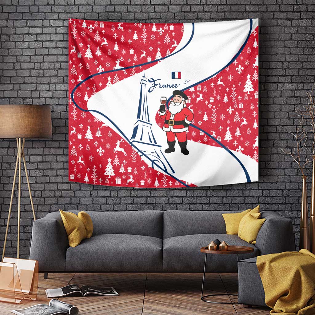 France Christmas Tapestry with Santa Wine Glass Eiffel Tower and Holiday Icons Design - Wonder Print Shop
