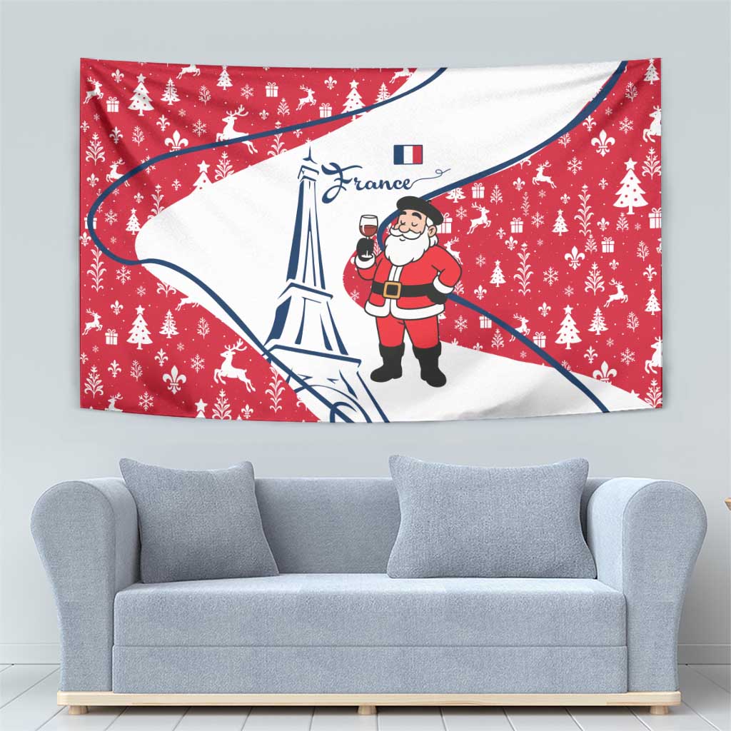 France Christmas Tapestry with Santa Wine Glass Eiffel Tower and Holiday Icons Design - Wonder Print Shop