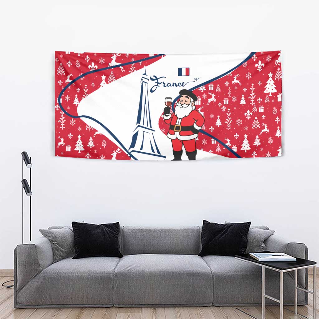 France Christmas Tapestry with Santa Wine Glass Eiffel Tower and Holiday Icons Design - Wonder Print Shop