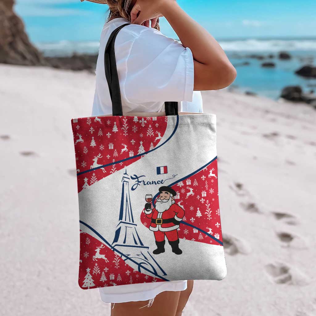 France Christmas Tote Bag with Santa Wine Glass Eiffel Tower and Holiday Icons Design - Wonder Print Shop