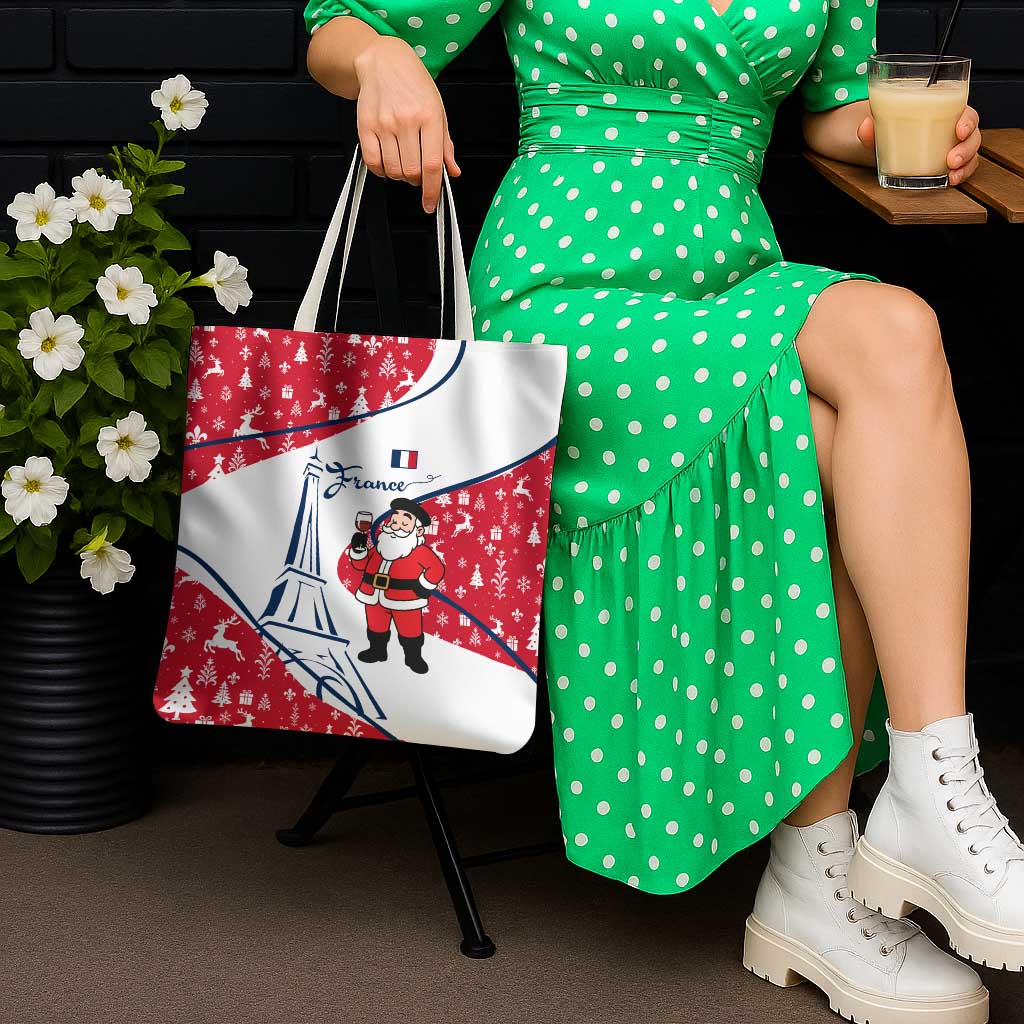 France Christmas Tote Bag with Santa Wine Glass Eiffel Tower and Holiday Icons Design - Wonder Print Shop