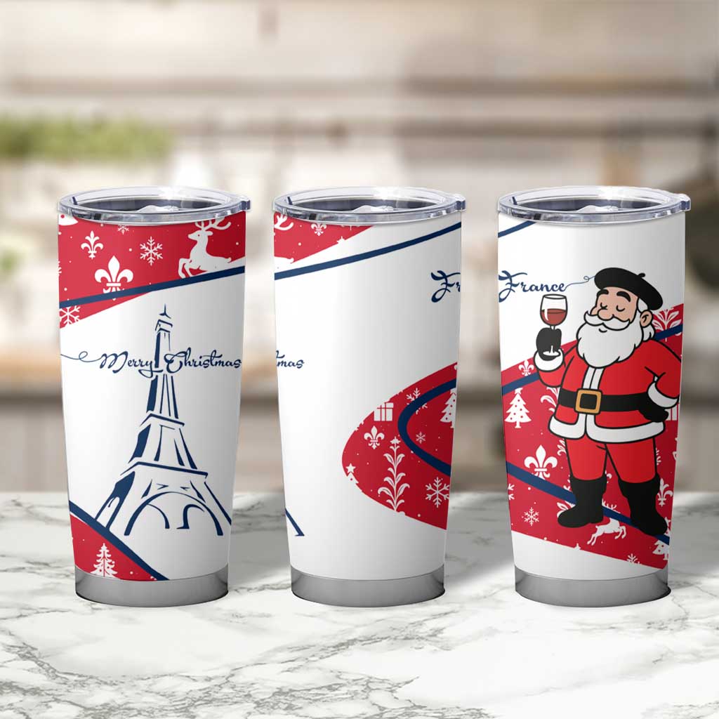 France Christmas Tumbler Cup with Santa Wine Glass Eiffel Tower and Holiday Icons Design - Wonder Print Shop