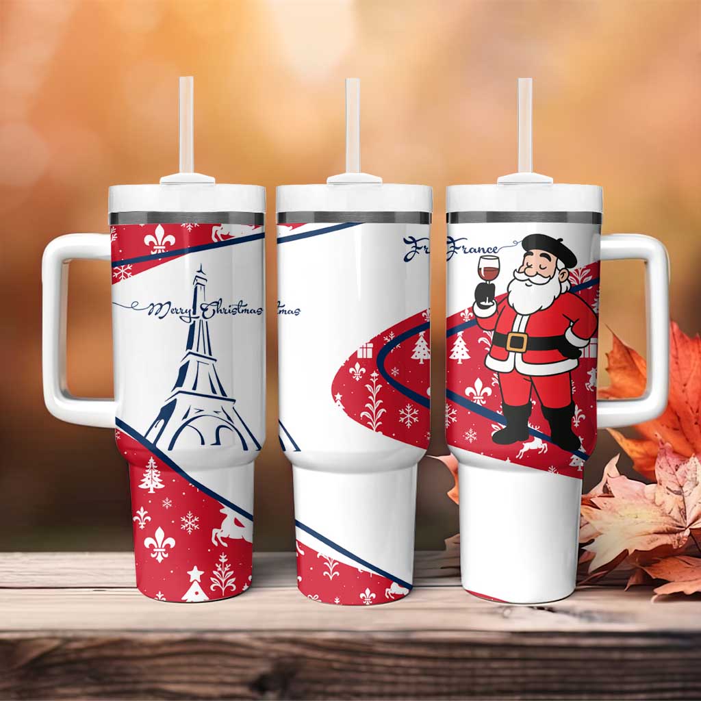France Christmas Tumbler With Handle with Santa Wine Glass Eiffel Tower and Holiday Icons Design - Wonder Print Shop