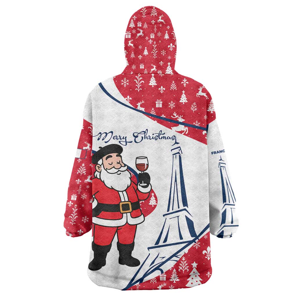France Christmas Wearable Blanket Hoodie with Santa Wine Glass Eiffel Tower and Holiday Icons Design - Wonder Print Shop