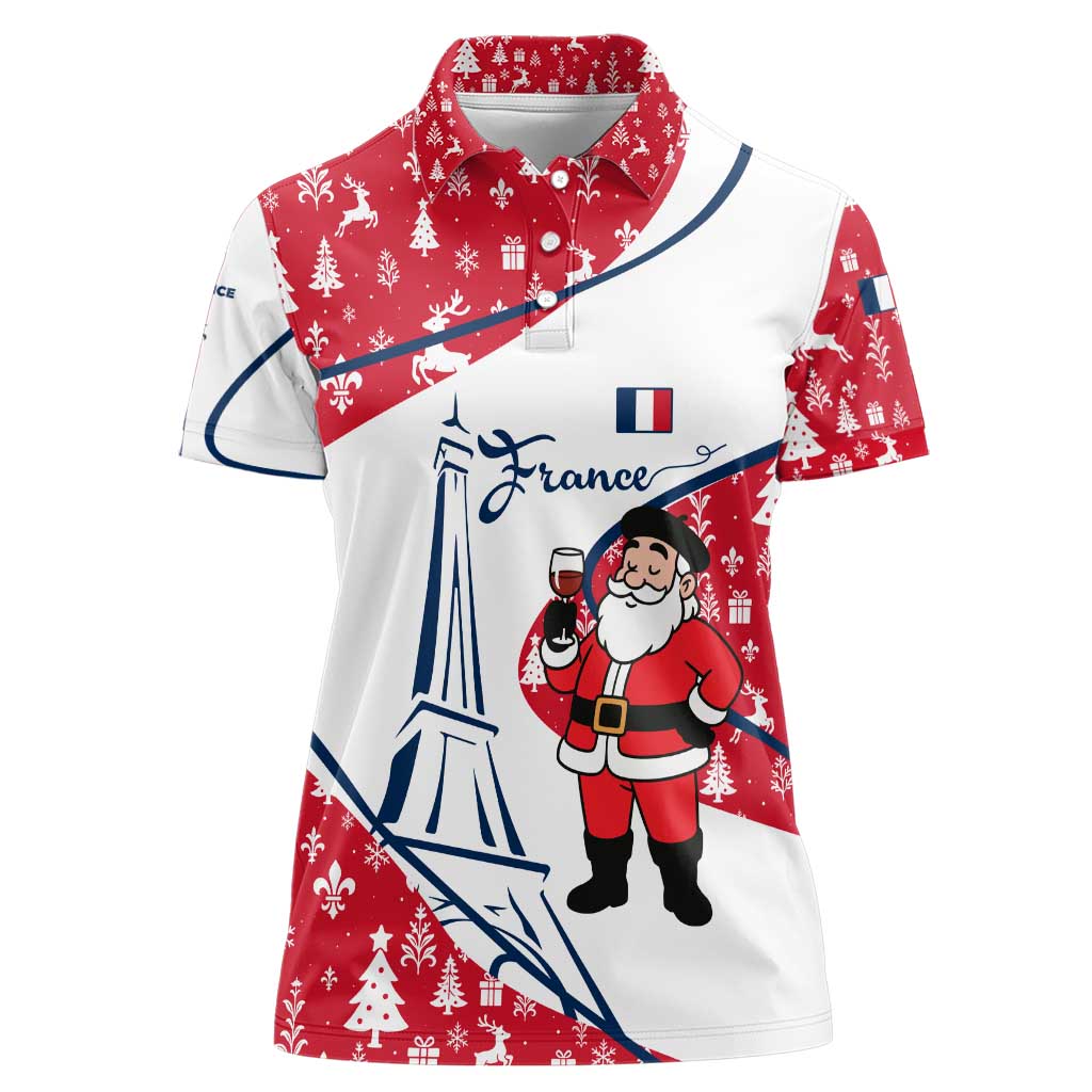 France Christmas Women Polo Shirt with Santa Wine Glass Eiffel Tower and Holiday Icons Design - Wonder Print Shop