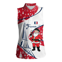 France Christmas Women Sleeveless Polo Shirt with Santa Wine Glass Eiffel Tower and Holiday Icons Design - Wonder Print Shop