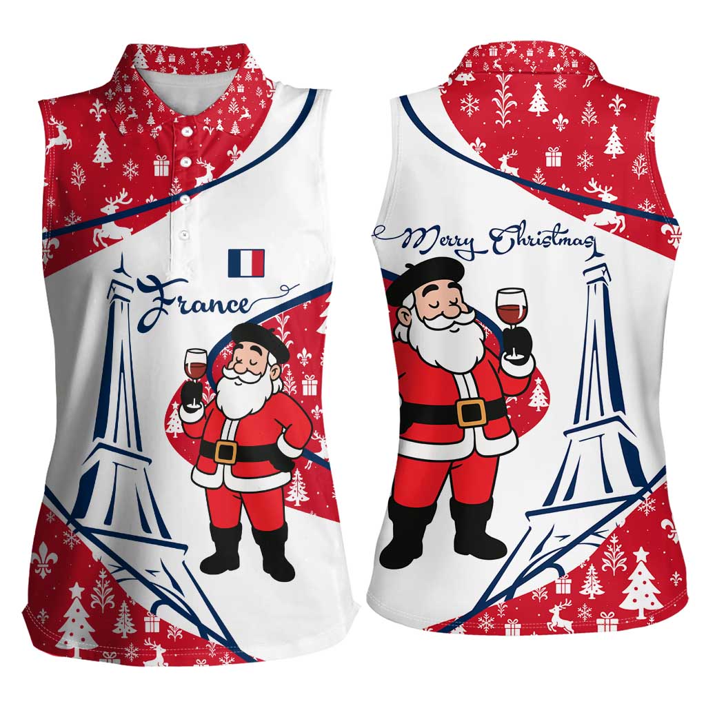 France Christmas Women Sleeveless Polo Shirt with Santa Wine Glass Eiffel Tower and Holiday Icons Design - Wonder Print Shop