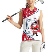 France Christmas Women Sleeveless Polo Shirt with Santa Wine Glass Eiffel Tower and Holiday Icons Design - Wonder Print Shop