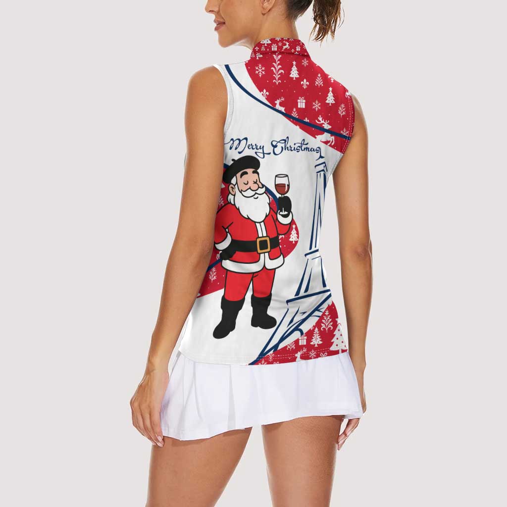 France Christmas Women Sleeveless Polo Shirt with Santa Wine Glass Eiffel Tower and Holiday Icons Design - Wonder Print Shop
