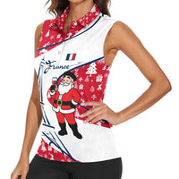 France Christmas Women Sleeveless Polo Shirt with Santa Wine Glass Eiffel Tower and Holiday Icons Design - Wonder Print Shop