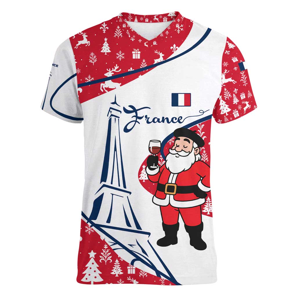 France Christmas Women V-Neck T-Shirt with Santa Wine Glass Eiffel Tower and Holiday Icons Design - Wonder Print Shop