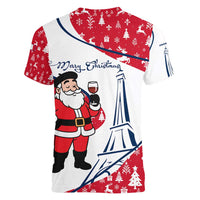 France Christmas Women V-Neck T-Shirt with Santa Wine Glass Eiffel Tower and Holiday Icons Design - Wonder Print Shop