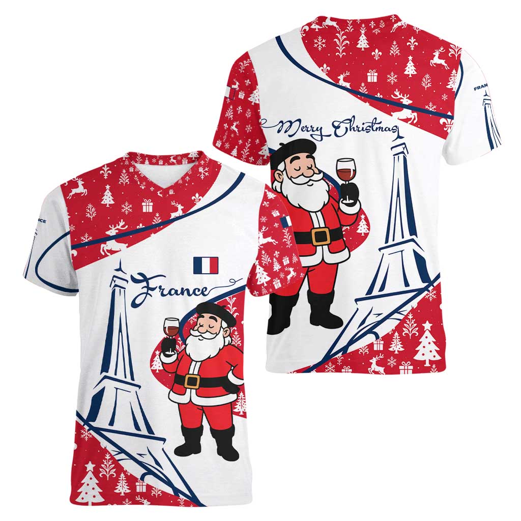 France Christmas Women V-Neck T-Shirt with Santa Wine Glass Eiffel Tower and Holiday Icons Design - Wonder Print Shop