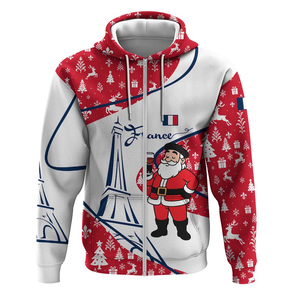 France Christmas Zip Hoodie with Santa Wine Glass Eiffel Tower and Holiday Icons Design - Wonder Print Shop