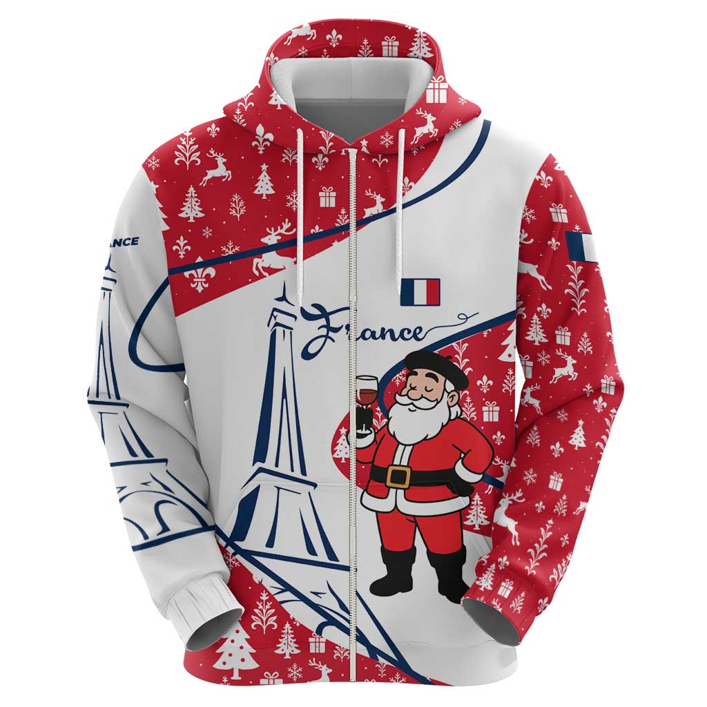 France Christmas Zip Hoodie with Santa Wine Glass Eiffel Tower and Holiday Icons Design - Wonder Print Shop