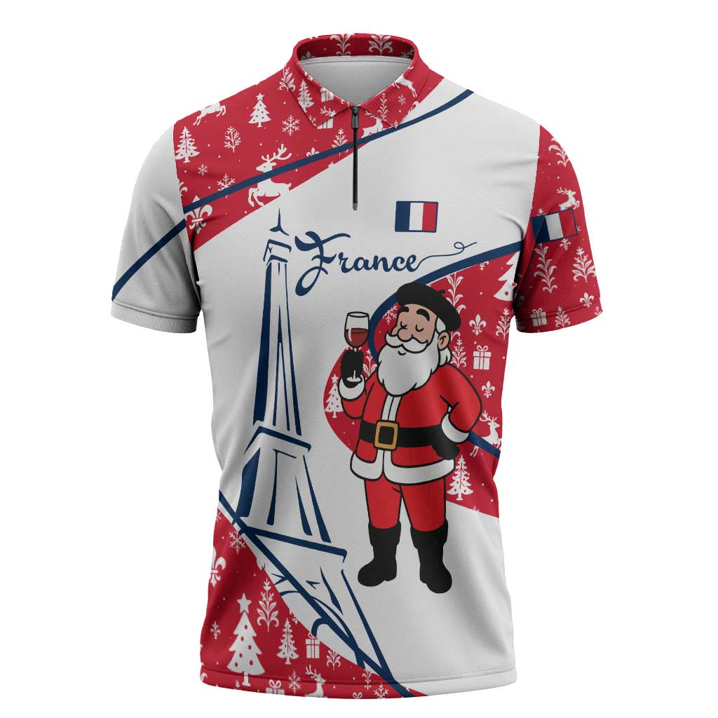 France Christmas Zipper Polo Shirt with Santa Wine Glass Eiffel Tower and Holiday Icons Design - Wonder Print Shop