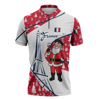 France Christmas Zipper Polo Shirt with Santa Wine Glass Eiffel Tower and Holiday Icons Design - Wonder Print Shop