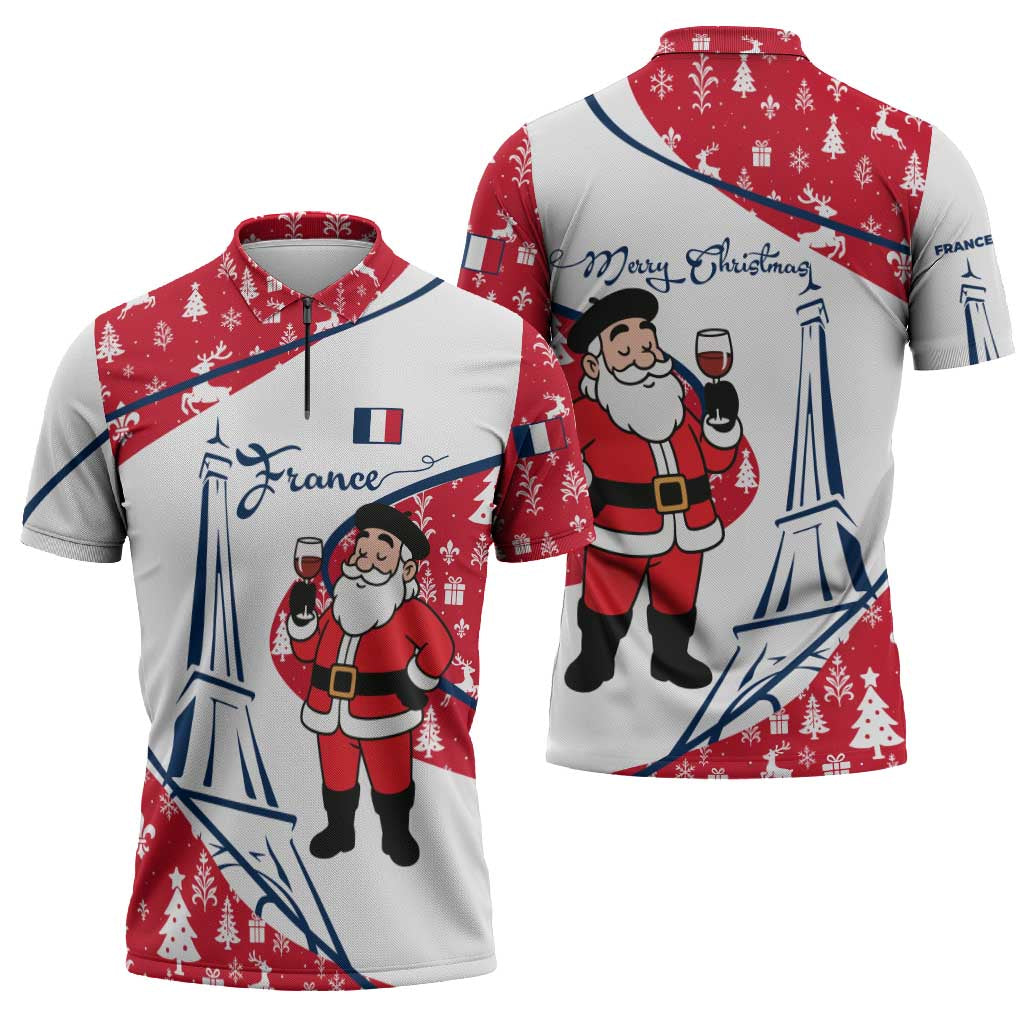France Christmas Zipper Polo Shirt with Santa Wine Glass Eiffel Tower and Holiday Icons Design - Wonder Print Shop