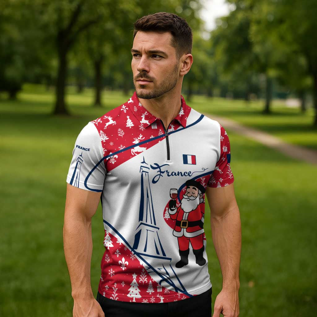 France Christmas Zipper Polo Shirt with Santa Wine Glass Eiffel Tower and Holiday Icons Design - Wonder Print Shop