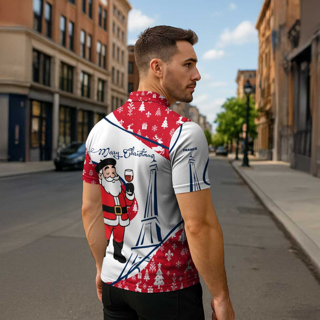 France Christmas Zipper Polo Shirt with Santa Wine Glass Eiffel Tower and Holiday Icons Design - Wonder Print Shop