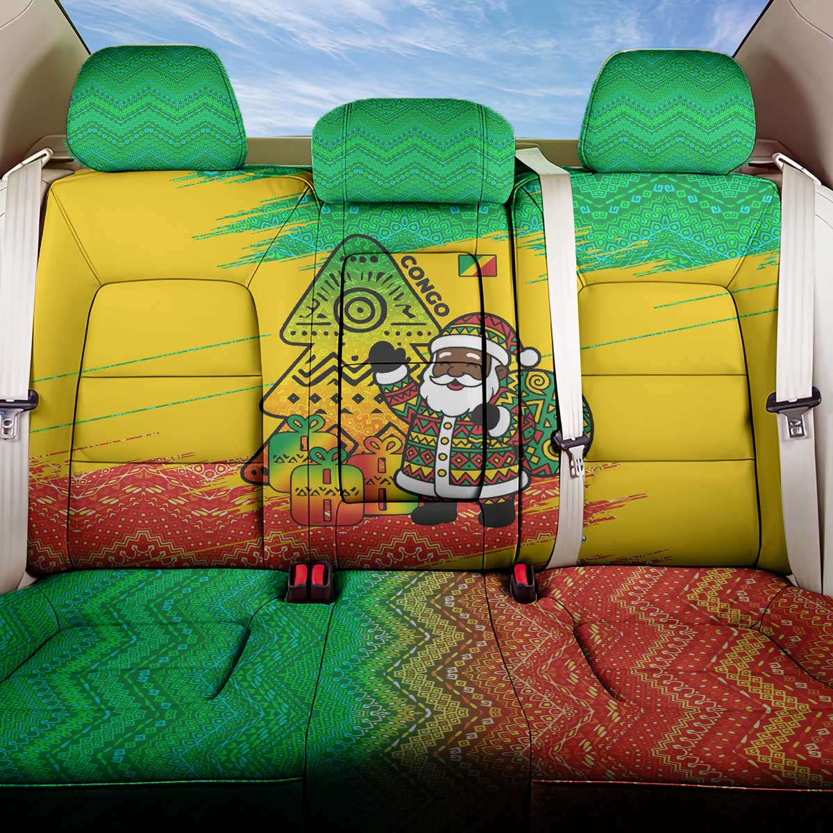 Congo Christmas Back Car Seat Cover with African Santa Tribal Tree and Colorful Gift Design - Wonder Print Shop