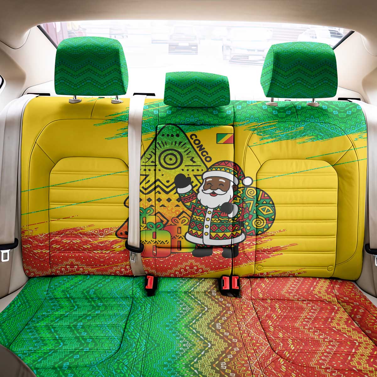 Congo Christmas Back Car Seat Cover with African Santa Tribal Tree and Colorful Gift Design - Wonder Print Shop
