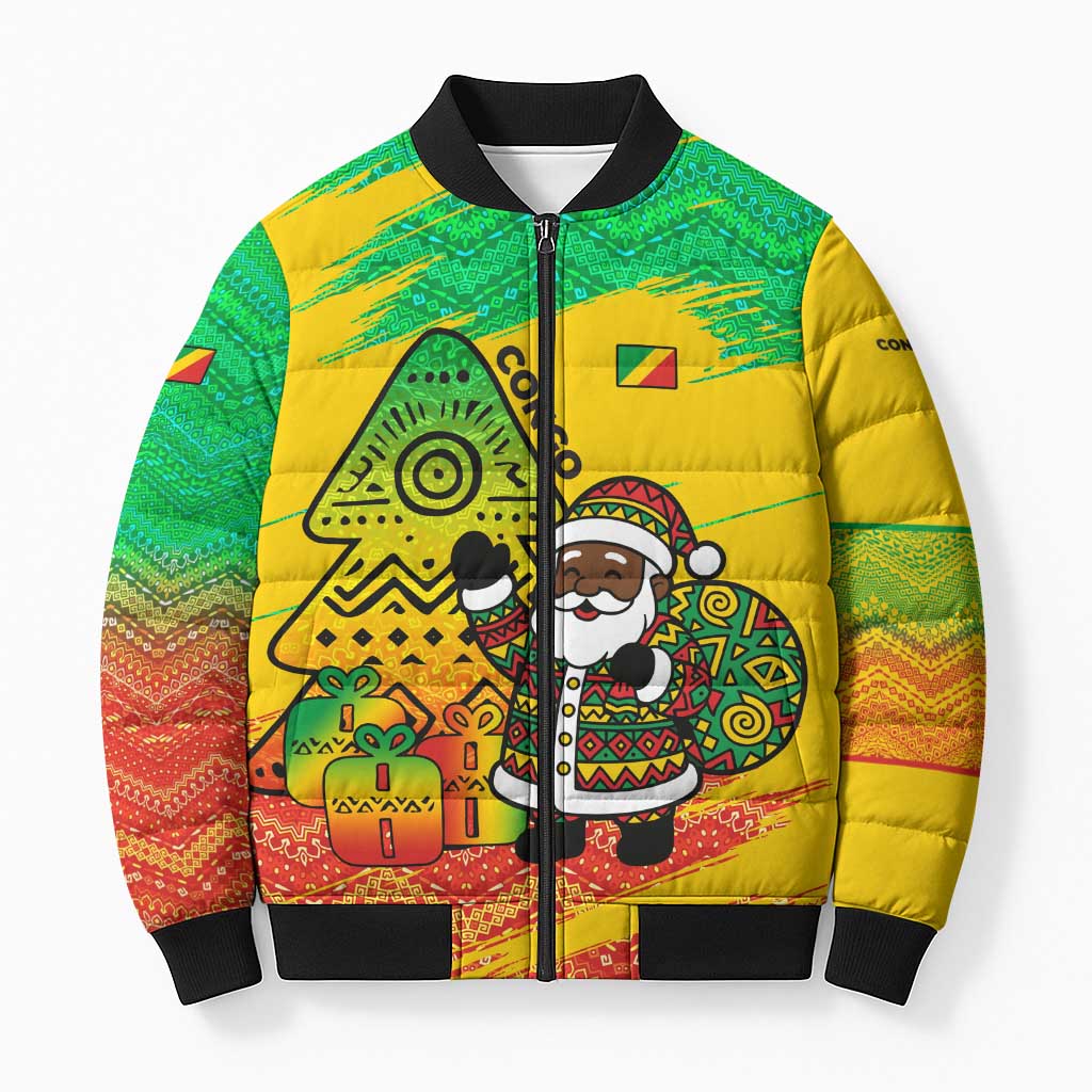 Congo Christmas Bomber Puffer Jacket with African Santa Tribal Tree and Colorful Gift Design - Wonder Print Shop