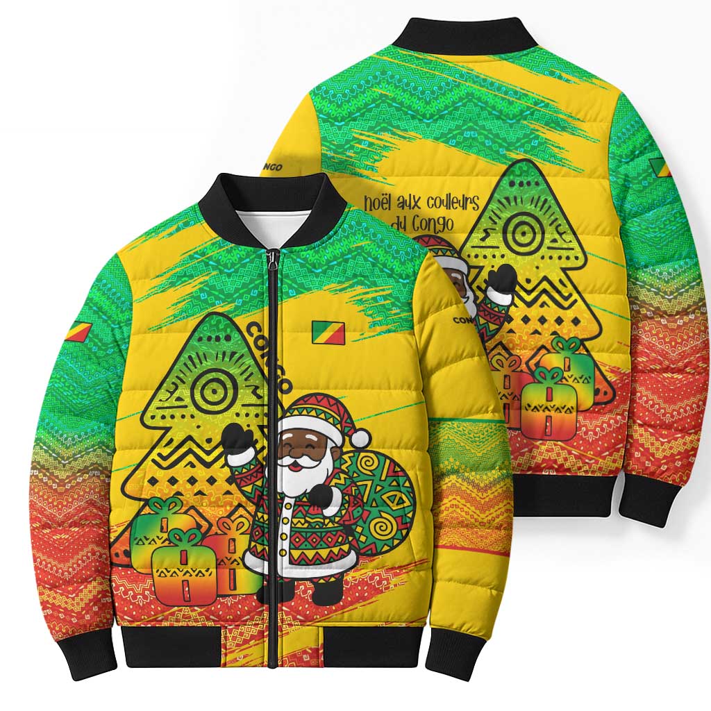 Congo Christmas Bomber Puffer Jacket with African Santa Tribal Tree and Colorful Gift Design - Wonder Print Shop