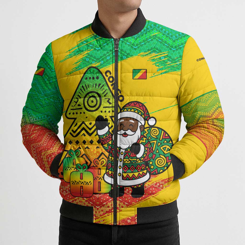 Congo Christmas Bomber Puffer Jacket with African Santa Tribal Tree and Colorful Gift Design - Wonder Print Shop