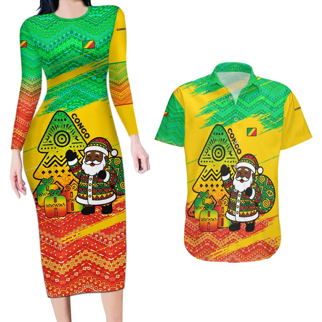 Congo Christmas Couples Matching Long Sleeve Bodycon Dress and Hawaiian Shirt with African Santa Tribal Tree and Colorful Gift Design - Wonder Print Shop