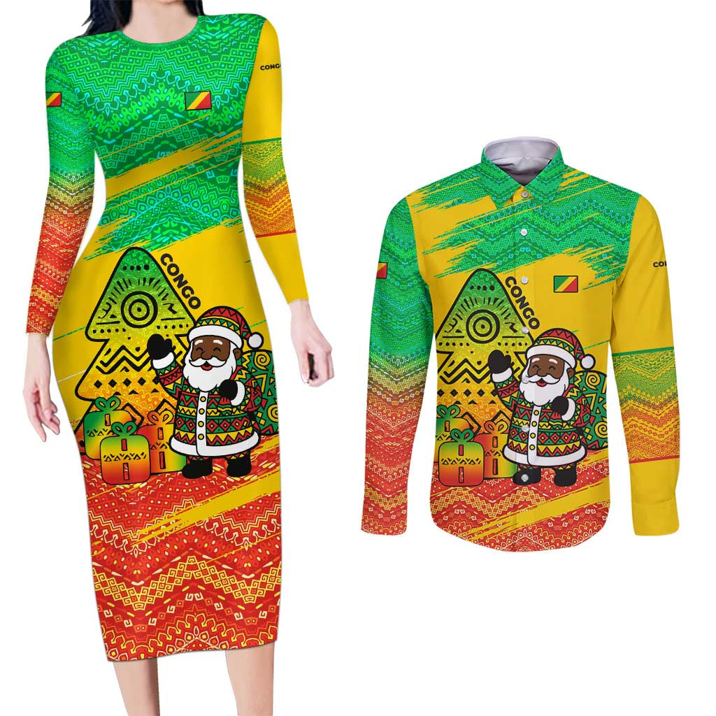 Congo Christmas Couples Matching Long Sleeve Bodycon Dress and Long Sleeve Button Shirt with African Santa Tribal Tree and Colorful Gift Design - Wonder Print Shop