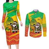 Congo Christmas Couples Matching Long Sleeve Bodycon Dress and Long Sleeve Button Shirt with African Santa Tribal Tree and Colorful Gift Design - Wonder Print Shop