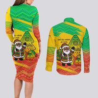 Congo Christmas Couples Matching Long Sleeve Bodycon Dress and Long Sleeve Button Shirt with African Santa Tribal Tree and Colorful Gift Design - Wonder Print Shop