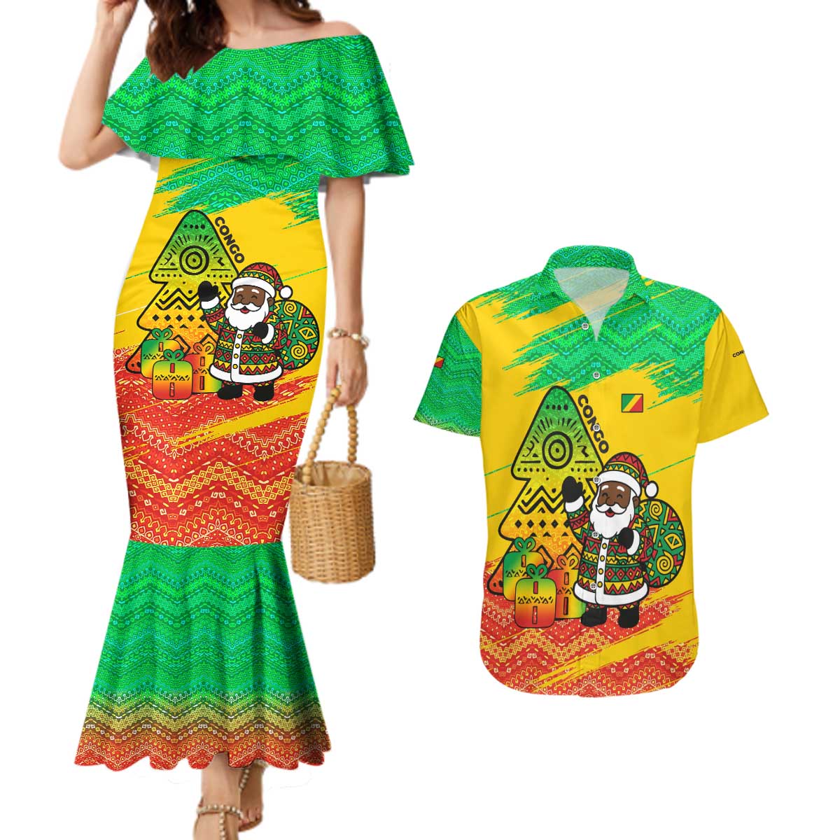 Congo Christmas Couples Matching Mermaid Dress and Hawaiian Shirt with African Santa Tribal Tree and Colorful Gift Design - Wonder Print Shop