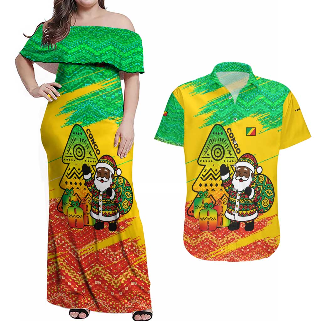 Congo Christmas Couples Matching Off Shoulder Maxi Dress and Hawaiian Shirt with African Santa Tribal Tree and Colorful Gift Design - Wonder Print Shop