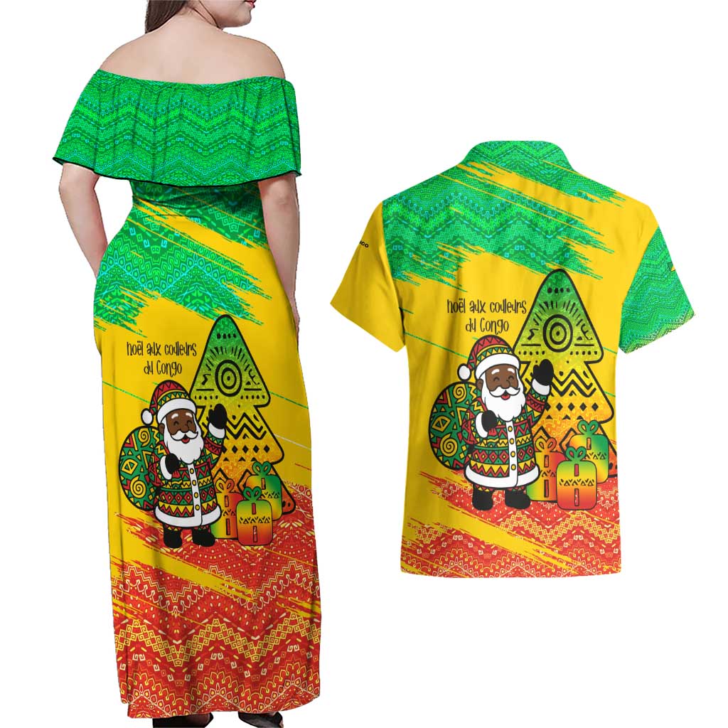 Congo Christmas Couples Matching Off Shoulder Maxi Dress and Hawaiian Shirt with African Santa Tribal Tree and Colorful Gift Design - Wonder Print Shop