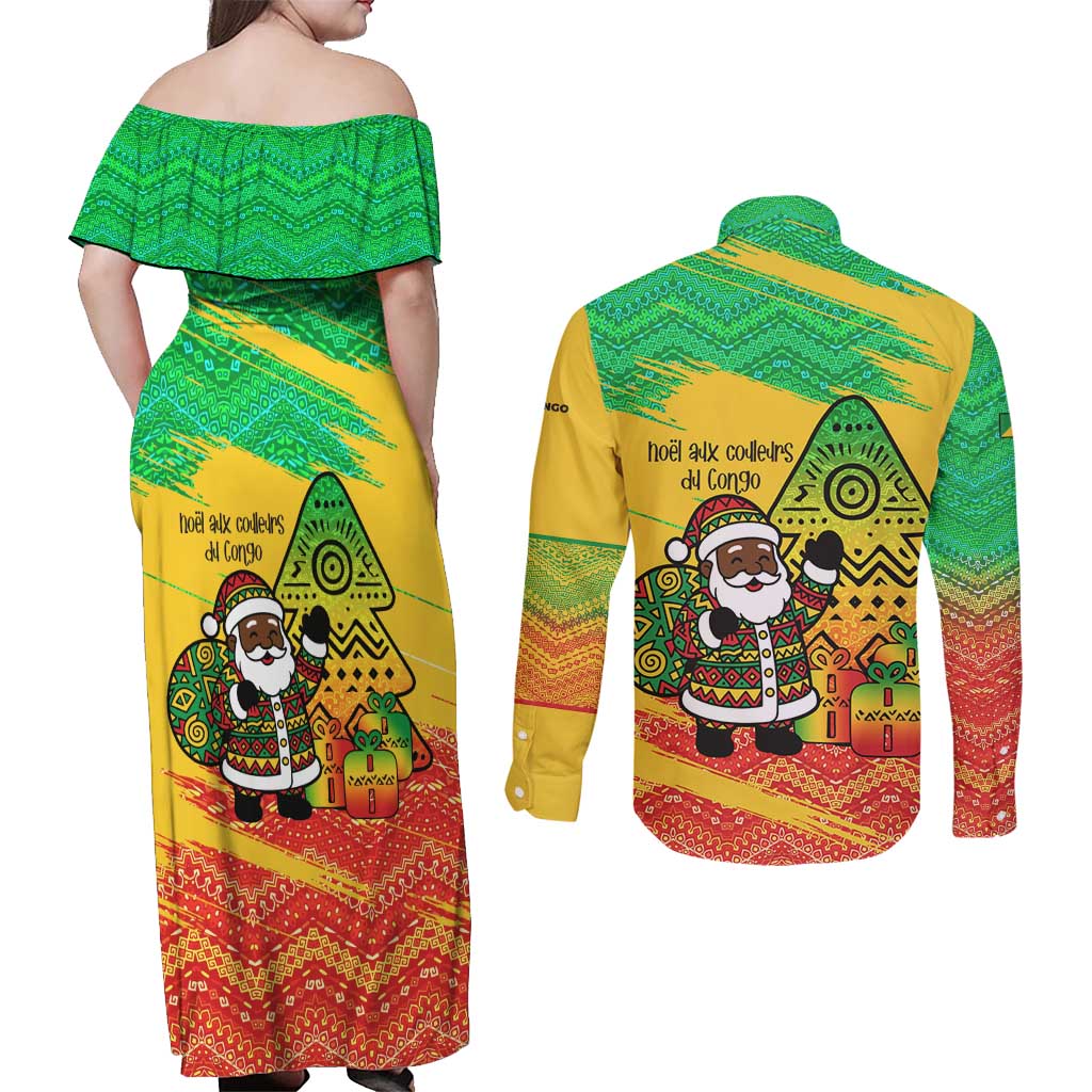 Congo Christmas Couples Matching Off Shoulder Maxi Dress and Long Sleeve Button Shirt with African Santa Tribal Tree and Colorful Gift Design - Wonder Print Shop