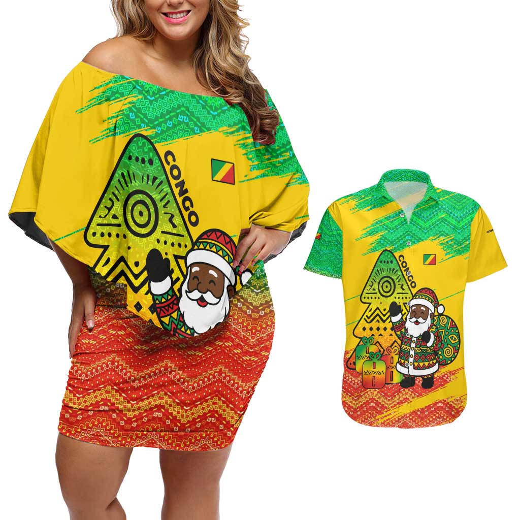 Congo Christmas Couples Matching Off Shoulder Short Dress and Hawaiian Shirt with African Santa Tribal Tree and Colorful Gift Design - Wonder Print Shop