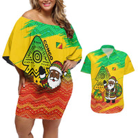 Congo Christmas Couples Matching Off Shoulder Short Dress and Hawaiian Shirt with African Santa Tribal Tree and Colorful Gift Design - Wonder Print Shop