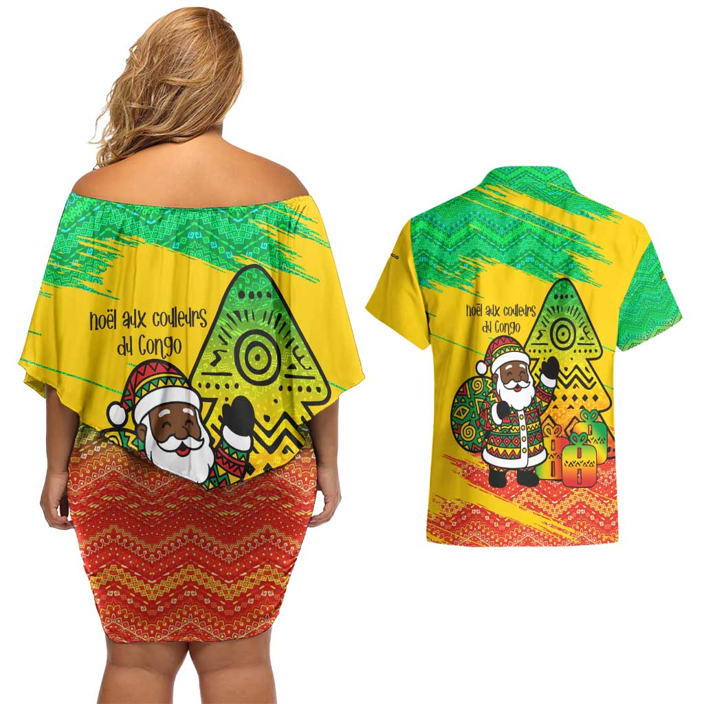 Congo Christmas Couples Matching Off Shoulder Short Dress and Hawaiian Shirt with African Santa Tribal Tree and Colorful Gift Design - Wonder Print Shop