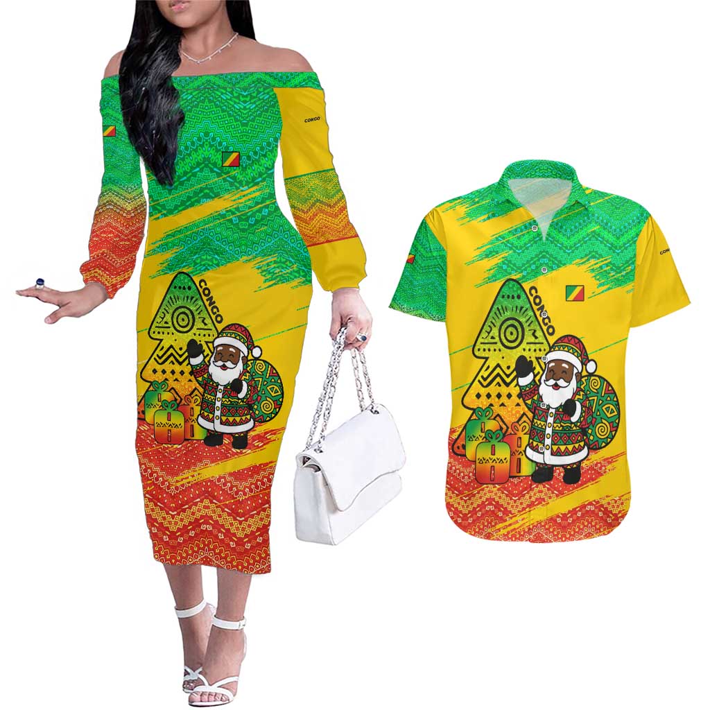 Congo Christmas Couples Matching Off The Shoulder Long Sleeve Dress and Hawaiian Shirt with African Santa Tribal Tree and Colorful Gift Design - Wonder Print Shop