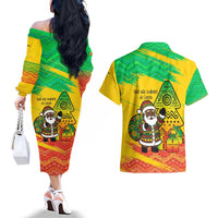 Congo Christmas Couples Matching Off The Shoulder Long Sleeve Dress and Hawaiian Shirt with African Santa Tribal Tree and Colorful Gift Design - Wonder Print Shop